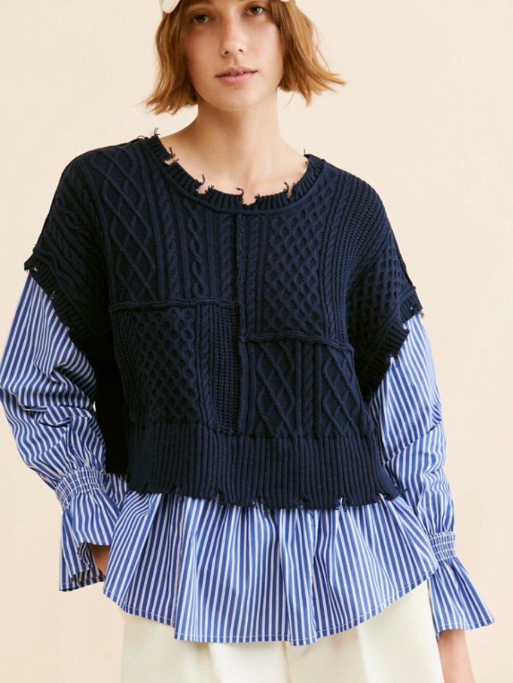 Avantlook Striped Splicing Crewneck Top, Navy, Regular, Size  L